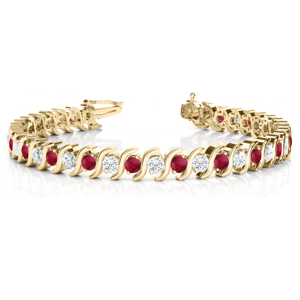 Ruby & Diamond Tennis S Link Bracelet 14k Yellow Gold (4.00ct)