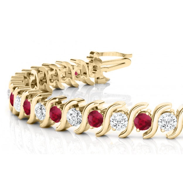 Ruby & Diamond Tennis S Link Bracelet 14k Yellow Gold (4.00ct)