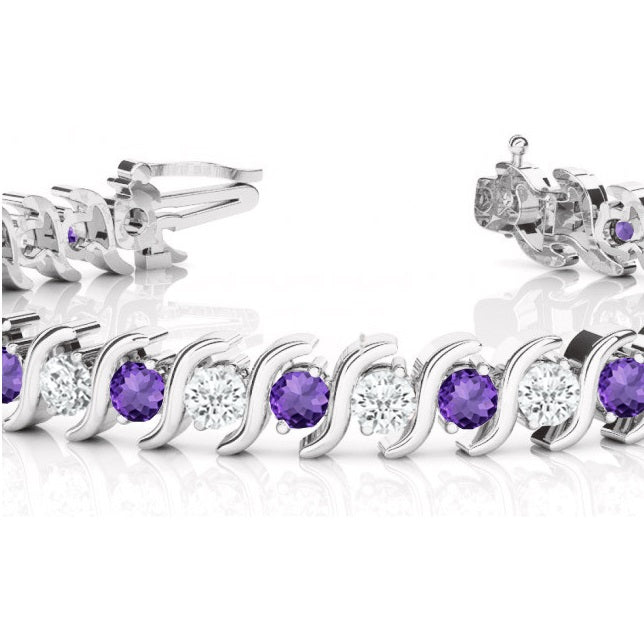 Amethyst & Diamond Tennis S Link Bracelet 18k White Gold (6.00ct)