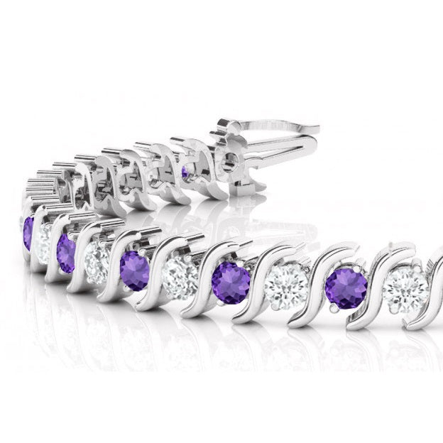 Amethyst & Diamond Tennis S Link Bracelet 18k White Gold (6.00ct)
