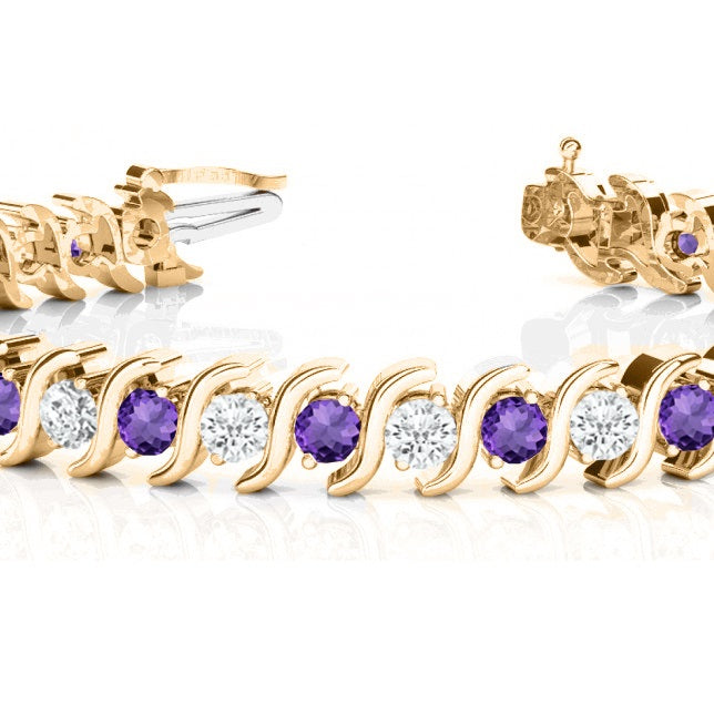 Amethyst & Diamond Tennis S Link Bracelet 18k Yellow Gold (6.00ct)