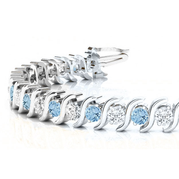Aquamarine & Diamond Tennis S Link Bracelet 18k White Gold (6.00ct)