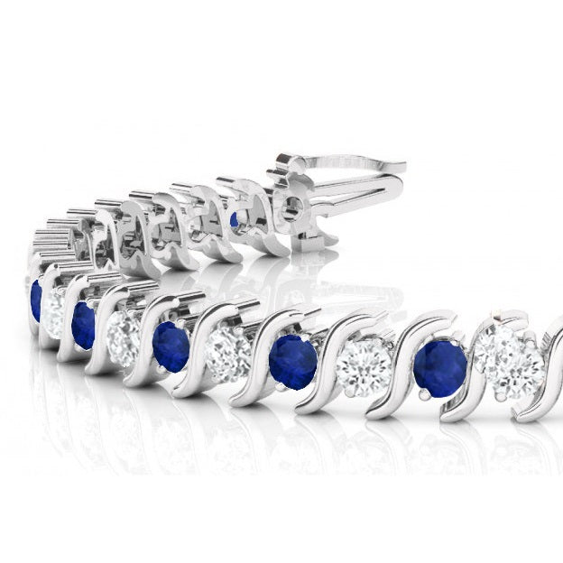 Blue Sapphire & Diamond Tennis S Link Bracelet 18k White Gold (6.00ct)
