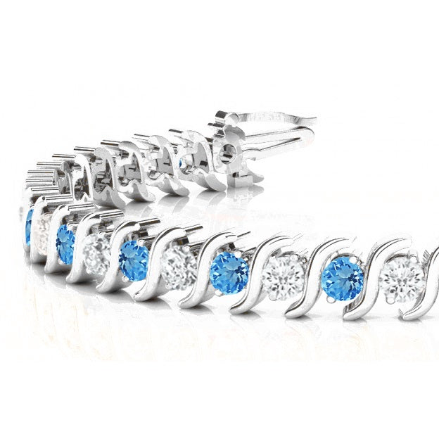 Blue Topaz & Diamond Tennis S Link Bracelet 18k White Gold (6.00ct)