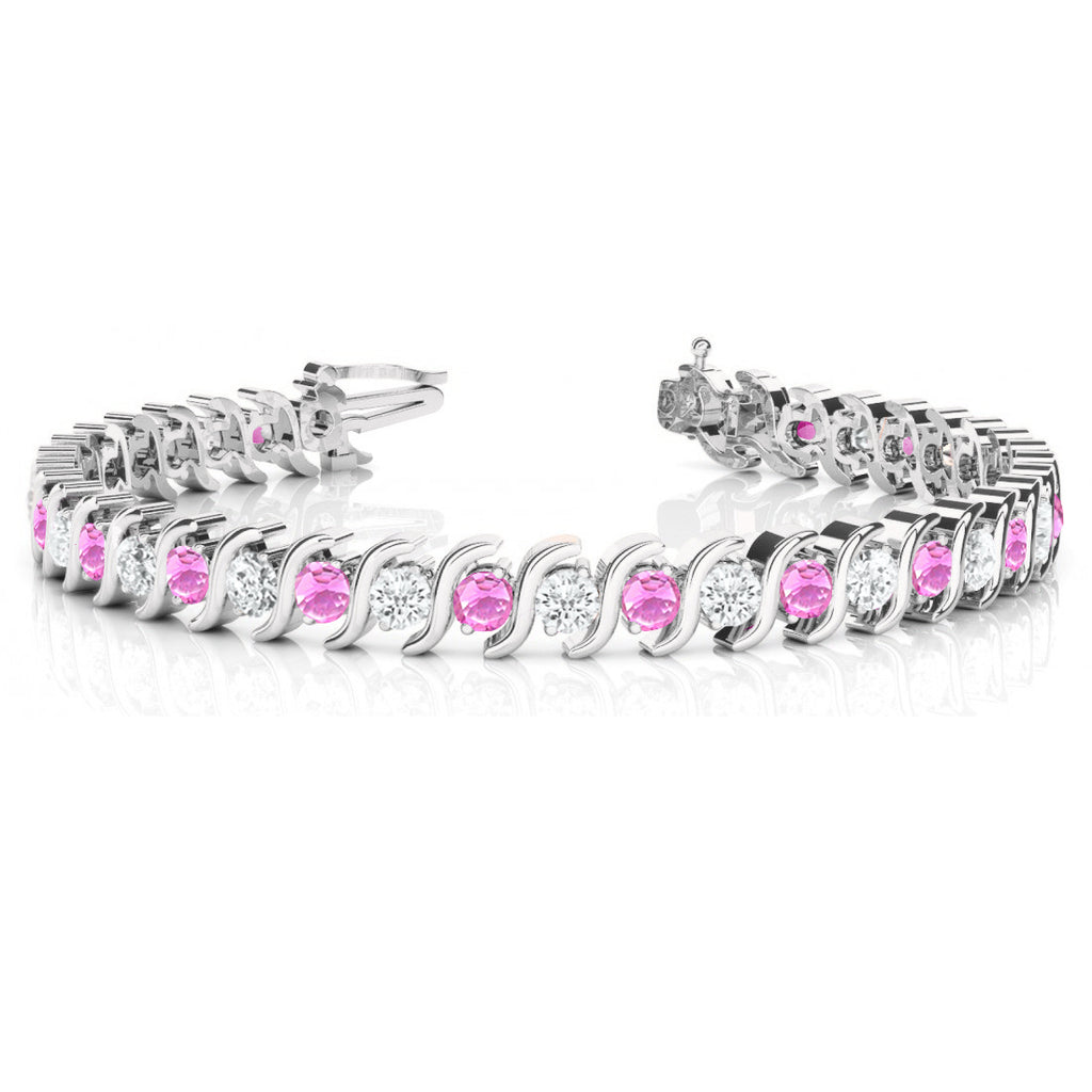 Pink Sapphire & Diamond Tennis S Link Bracelet 18k White Gold (6.00ct)