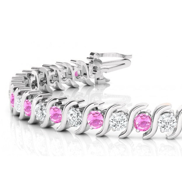 Pink Sapphire & Diamond Tennis S Link Bracelet 18k White Gold (6.00ct)