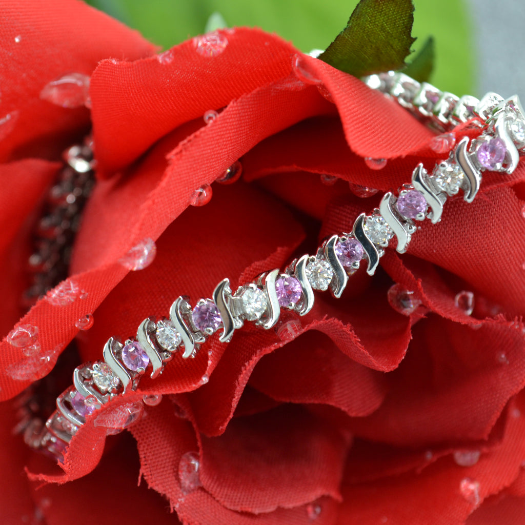 Pink Sapphire & Diamond Tennis S Link Bracelet 18k White Gold (6.00ct)