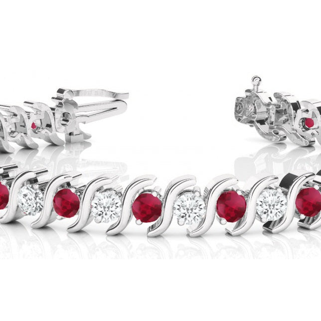 Ruby & Diamond Tennis S Link Bracelet 18k White Gold (6.00ct)