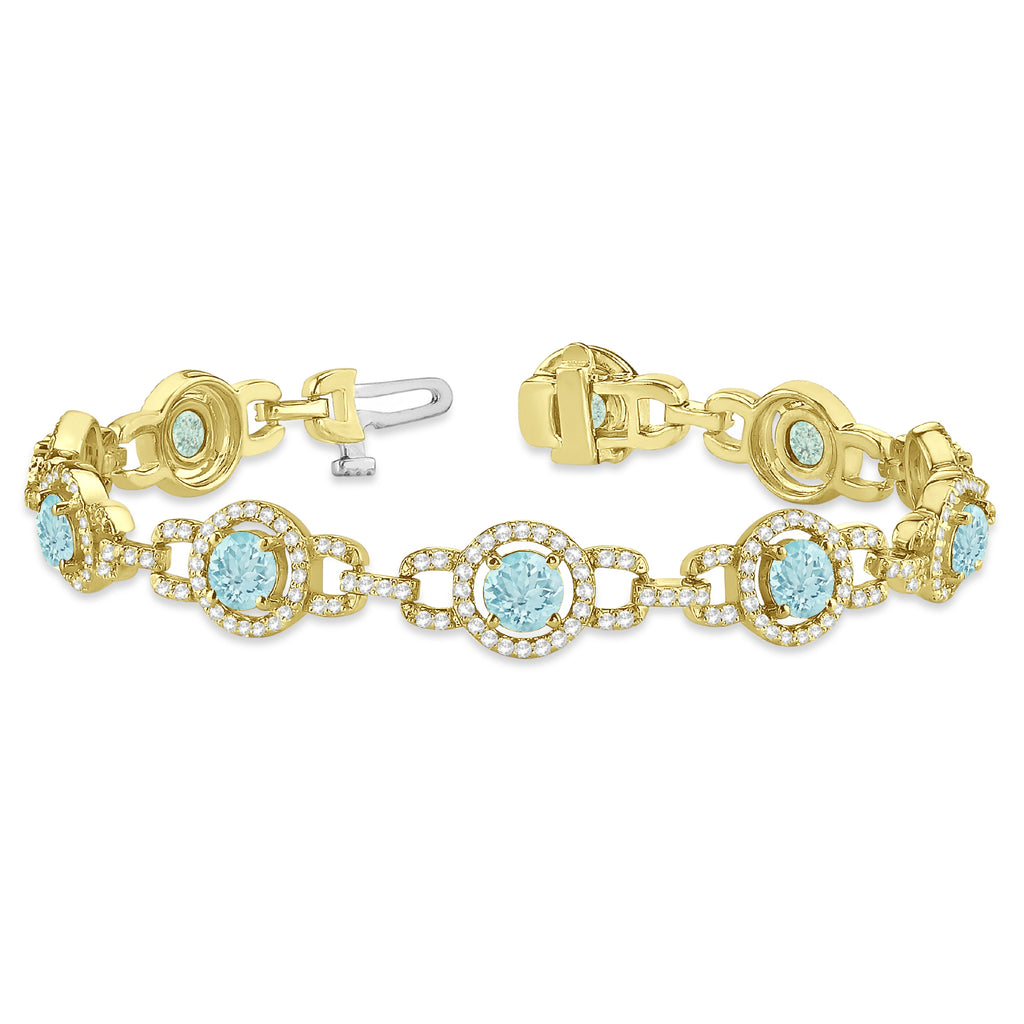 Luxury Halo Aquamarine & Diamond Link Bracelet 14k Yellow Gold (8.00ct)