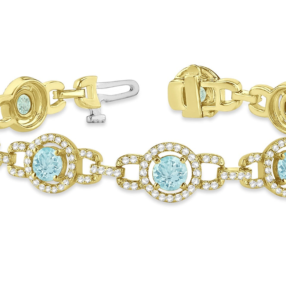Luxury Halo Aquamarine & Diamond Link Bracelet 14k Yellow Gold (8.00ct)