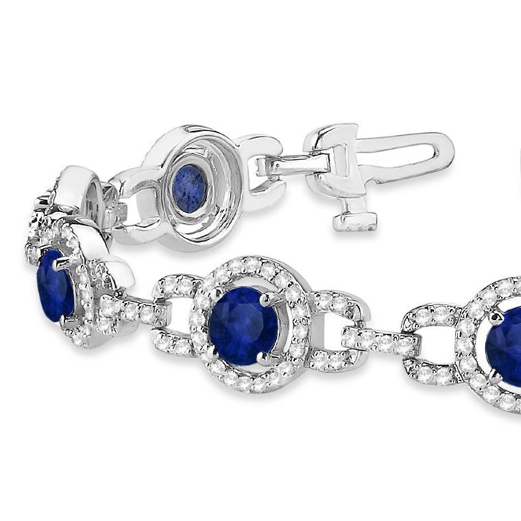 Luxury Halo Lab Blue Sapphire & Lab Diamond Link Bracelet 14k White Gold (8.00ct)
