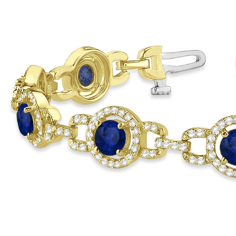 Luxury Halo Lab Blue Sapphire & Lab Diamond Link Bracelet 14k Yellow Gold (8.00ct)
