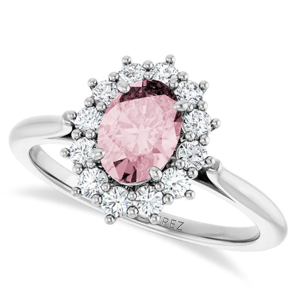 Oval Pink Morganite & Diamond Halo Ring 14K White Gold (1.08ct)