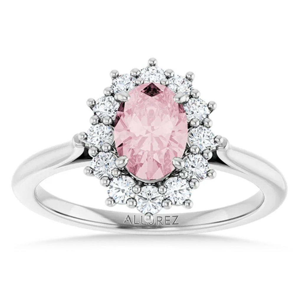 Oval Pink Morganite & Diamond Halo Ring 14K White Gold (1.08ct)