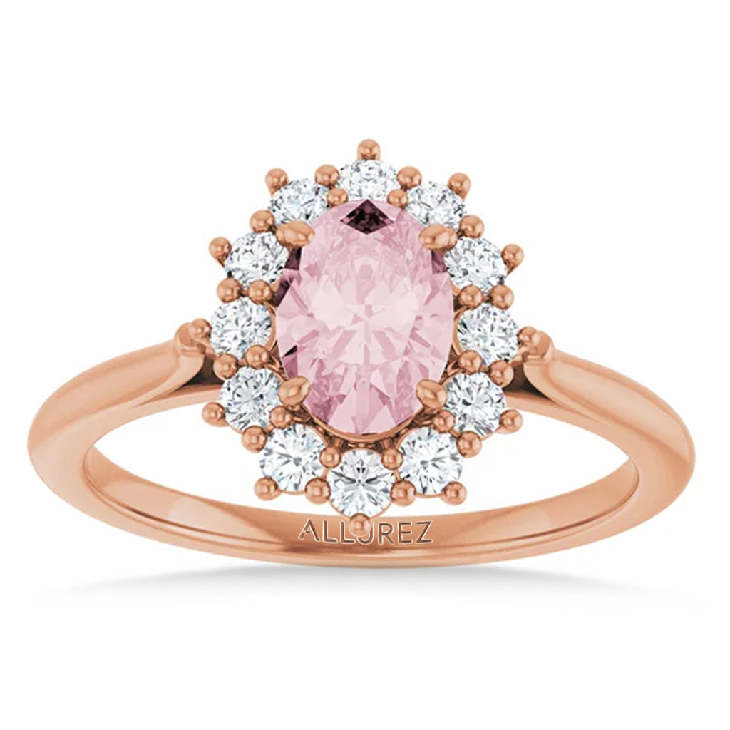 Oval Pink Morganite & Diamond Halo Ring 14K Rose Gold (1.08ct)