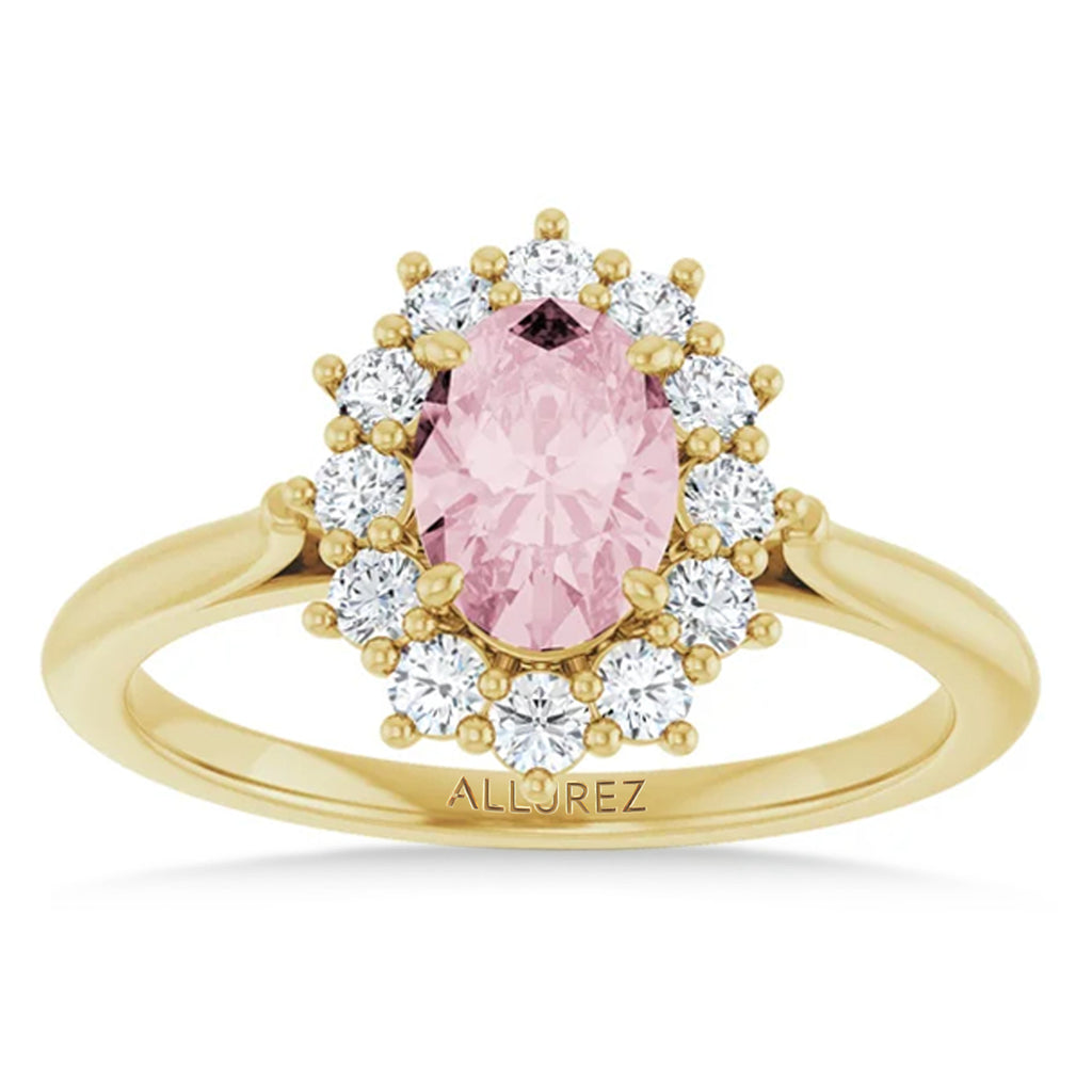 Oval Pink Morganite & Diamond Halo Ring 14K Yellow Gold (1.08ct)