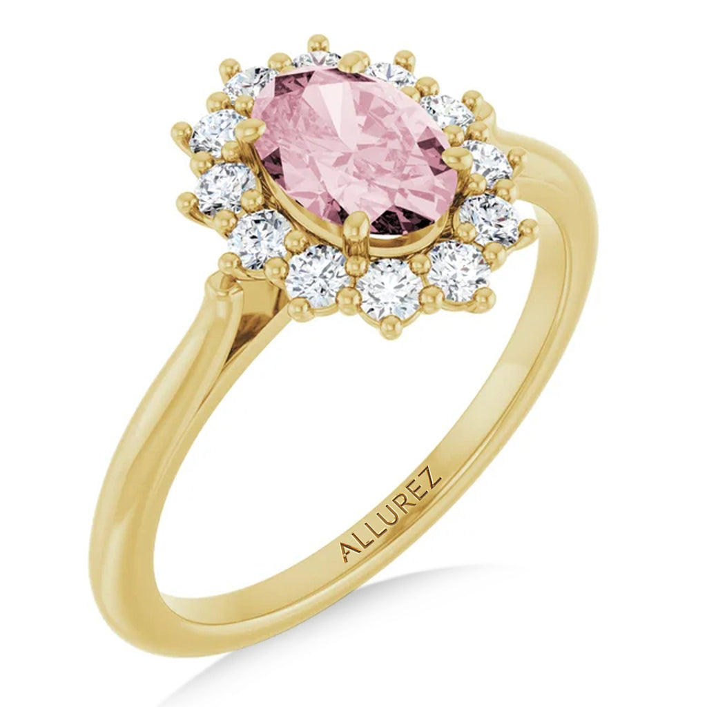 Oval Pink Morganite & Diamond Halo Ring 14K Yellow Gold (1.08ct)