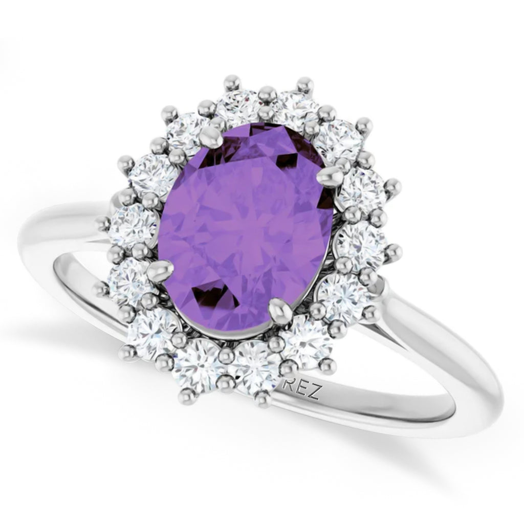 Oval Amethyst & Diamond Halo Ring 14K White Gold (1.56ct)
