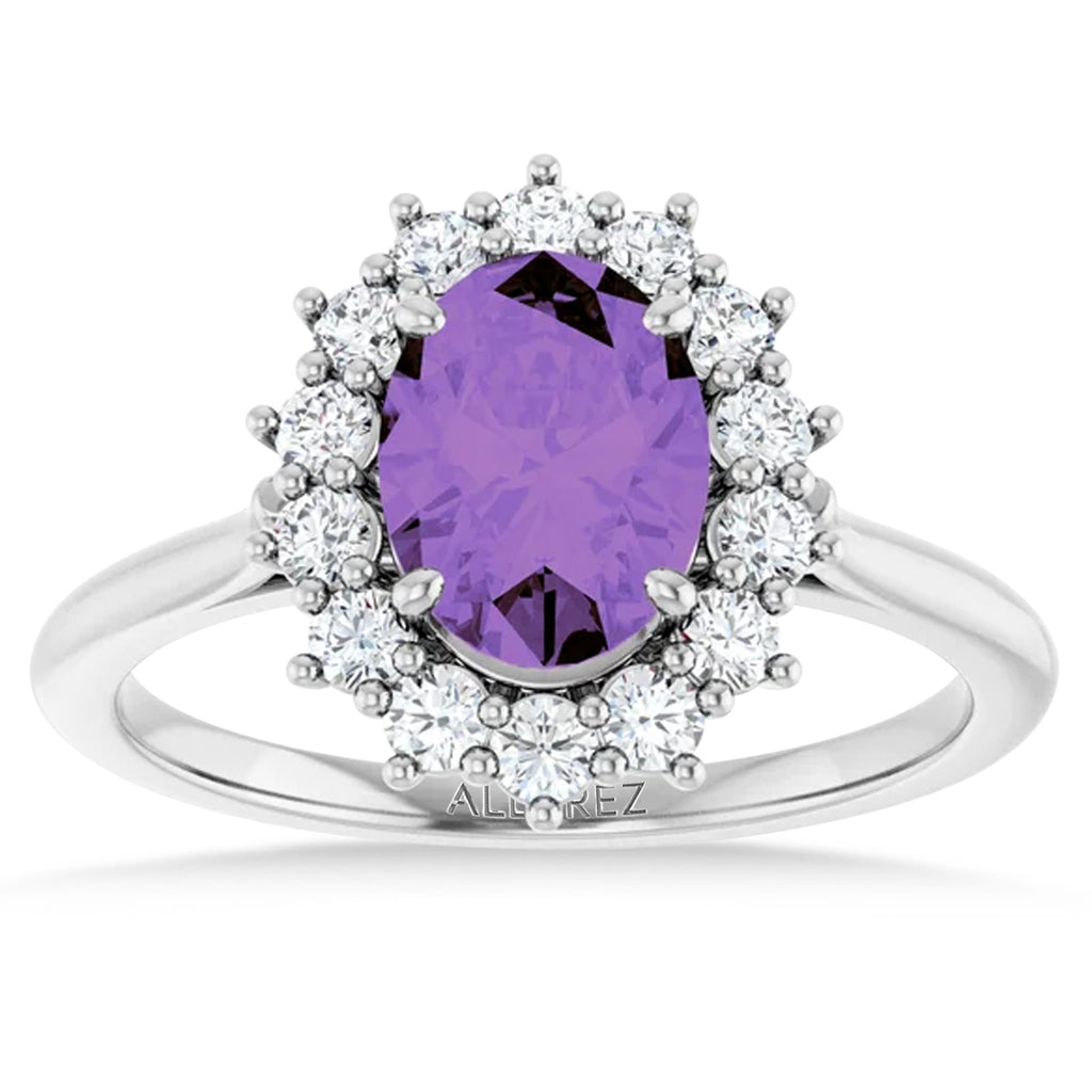 Oval Amethyst & Diamond Halo Ring 14K White Gold (1.56ct)
