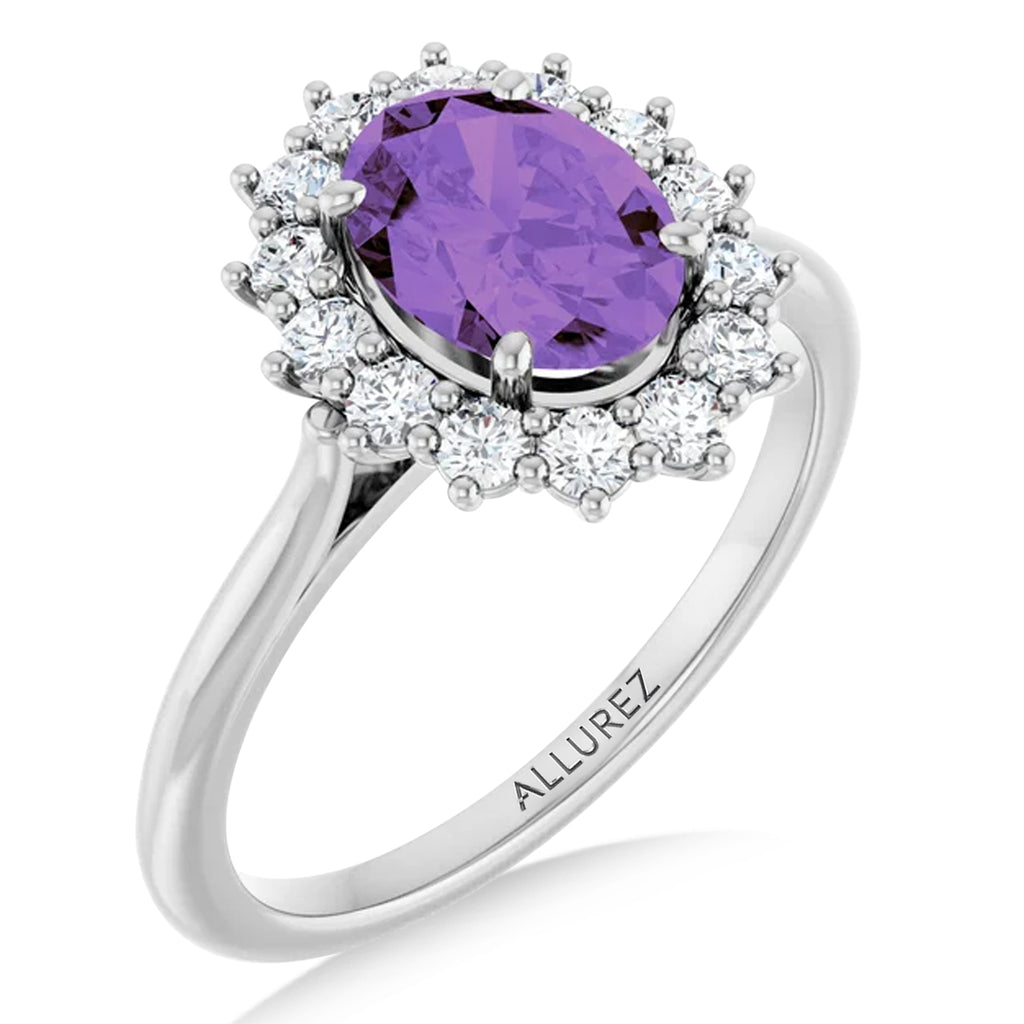 Oval Amethyst & Diamond Halo Ring 14K White Gold (1.56ct)