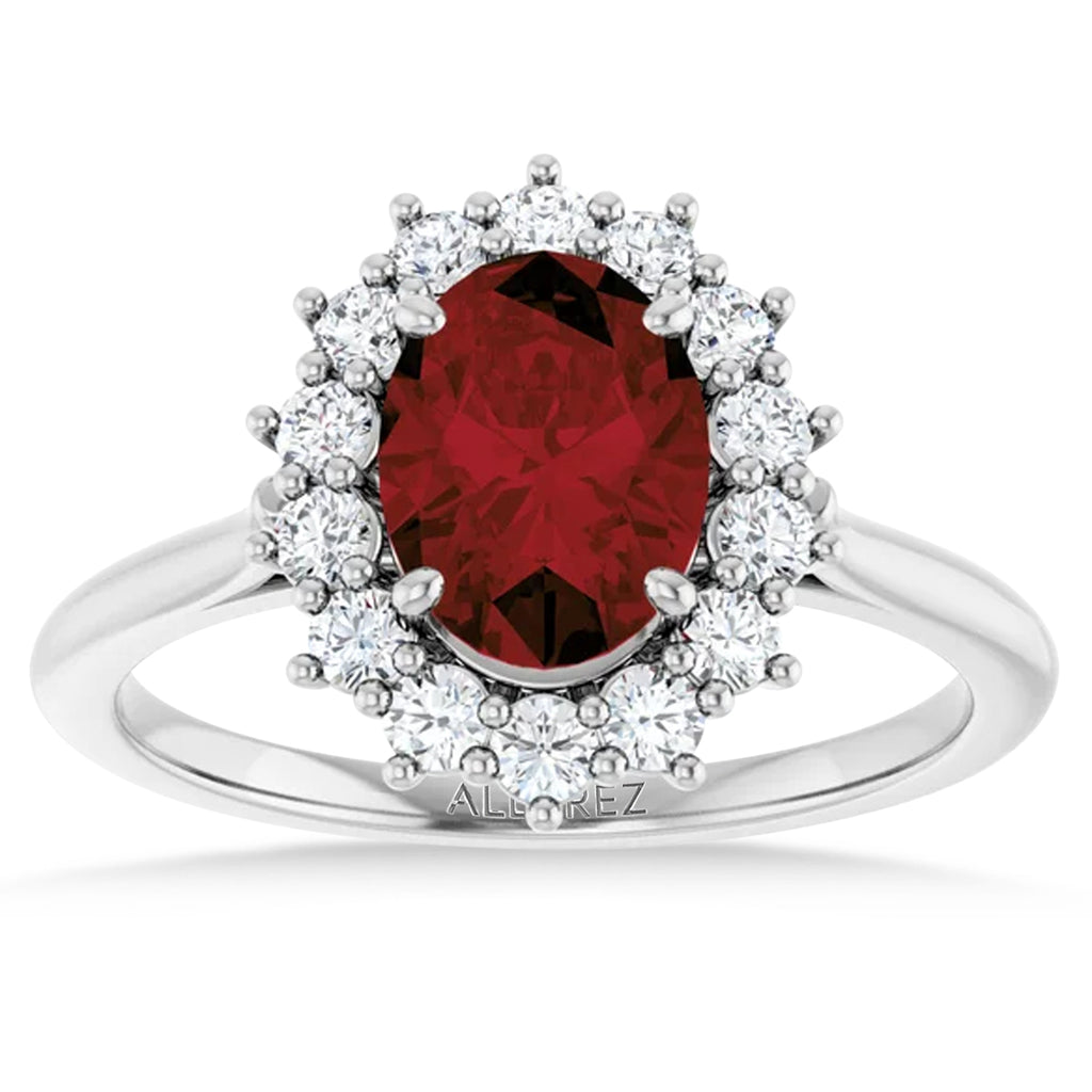 Oval Mozambique Garnet & Diamond Halo Ring 14K White Gold (1.81ct)