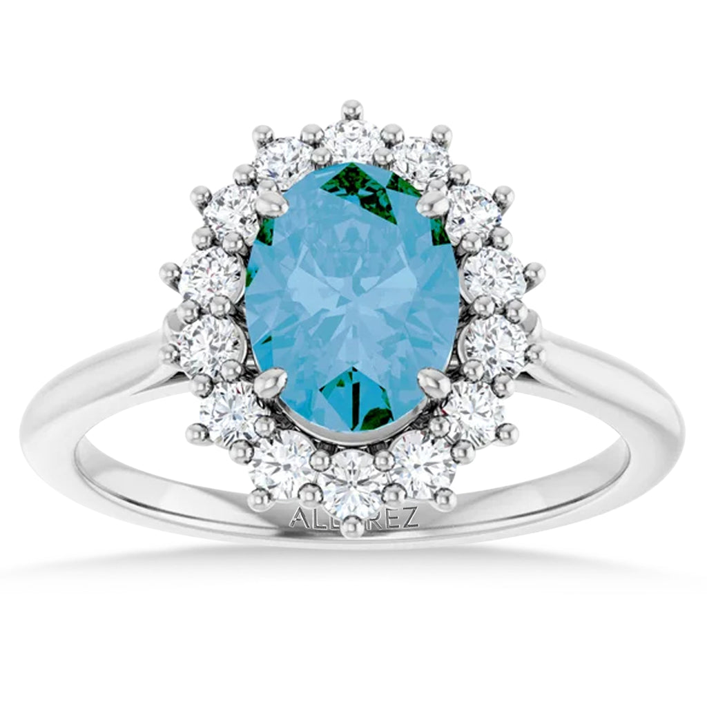 Oval Blue Topaz & Diamond Halo Ring 14K White Gold (1.95ct)
