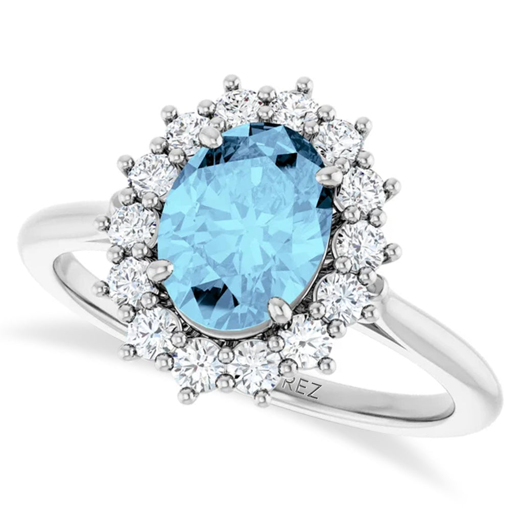 Oval Aquamarine & Diamond Halo Ring 14K White Gold (1.59ct)