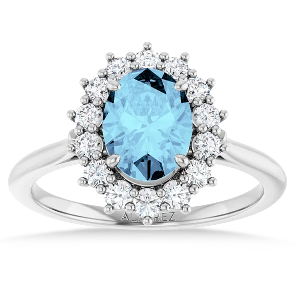 Oval Aquamarine & Diamond Halo Ring 14K White Gold (1.59ct)