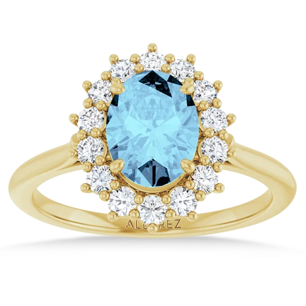 Oval Aquamarine & Diamond Halo Ring 14K Yellow Gold (1.59ct)