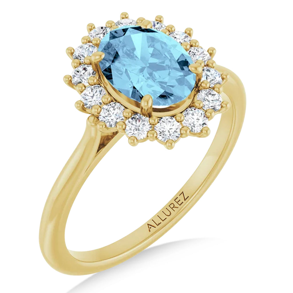 Oval Aquamarine & Diamond Halo Ring 14K Yellow Gold (1.59ct)