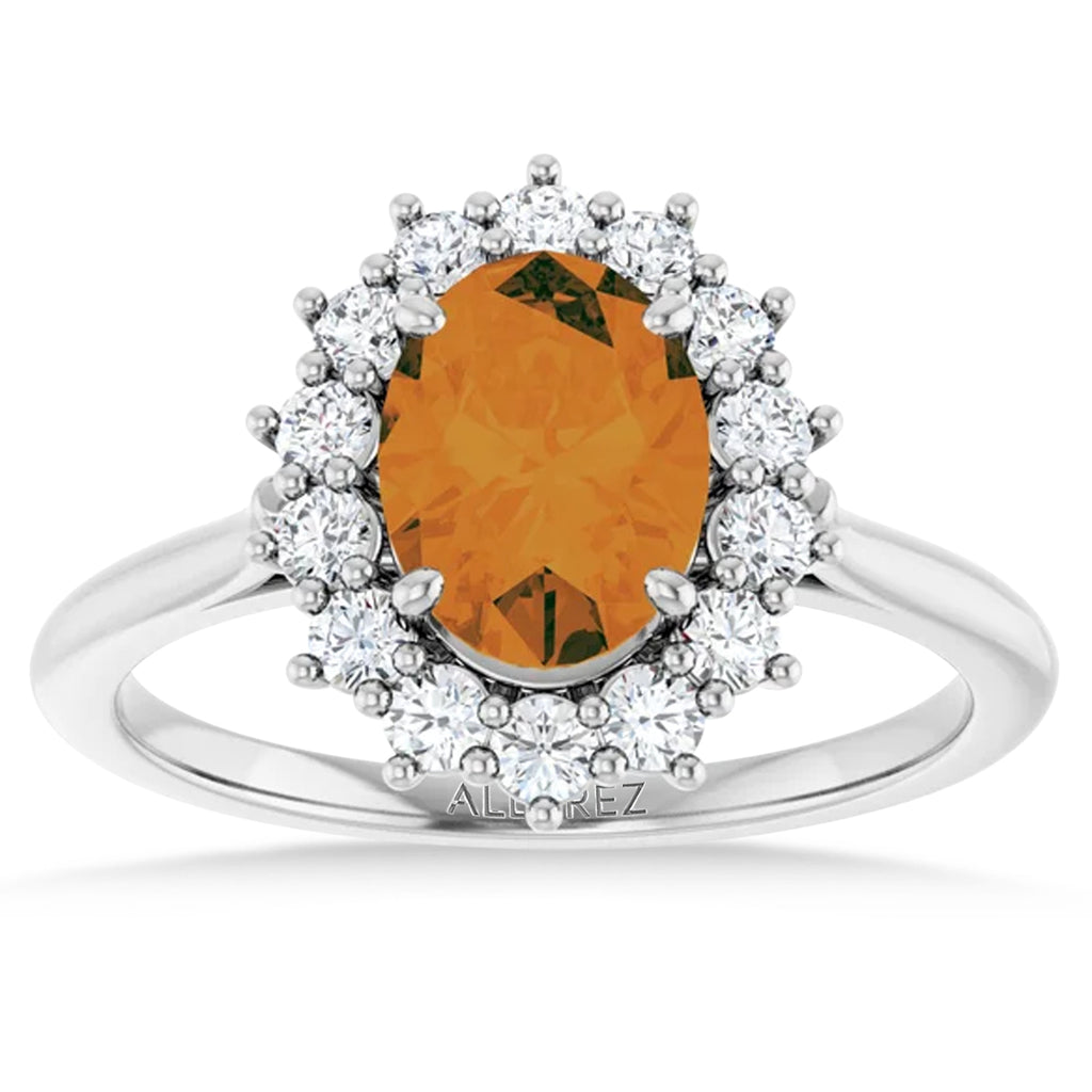 Oval Citrine & Diamond Halo Ring 14K White Gold (1.66ct)