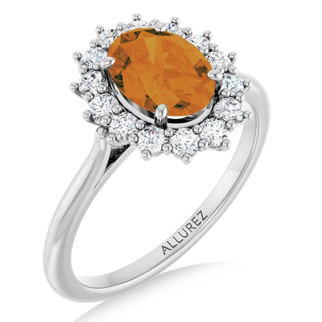 Oval Citrine & Diamond Halo Ring 14K White Gold (1.66ct)
