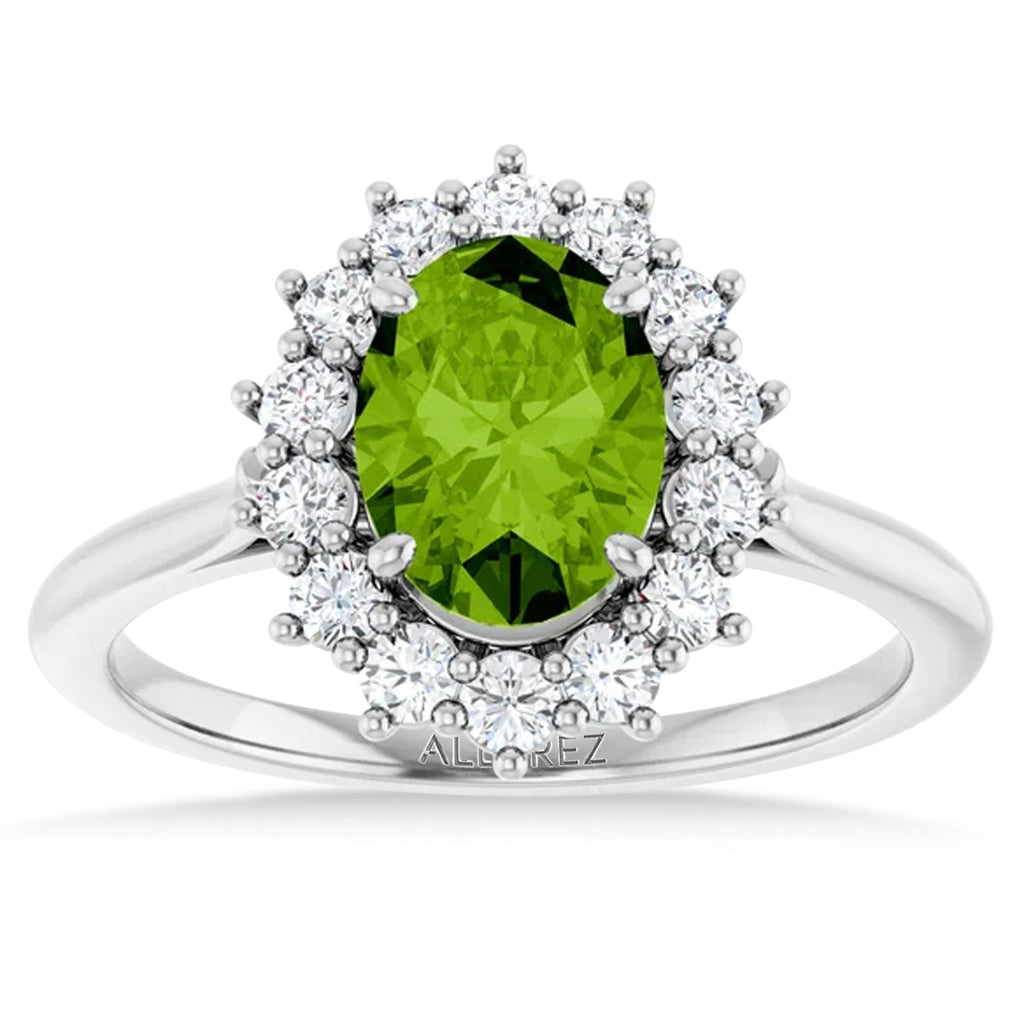 Oval Peridot & Diamond Halo Ring 14K White Gold (1.83ct)