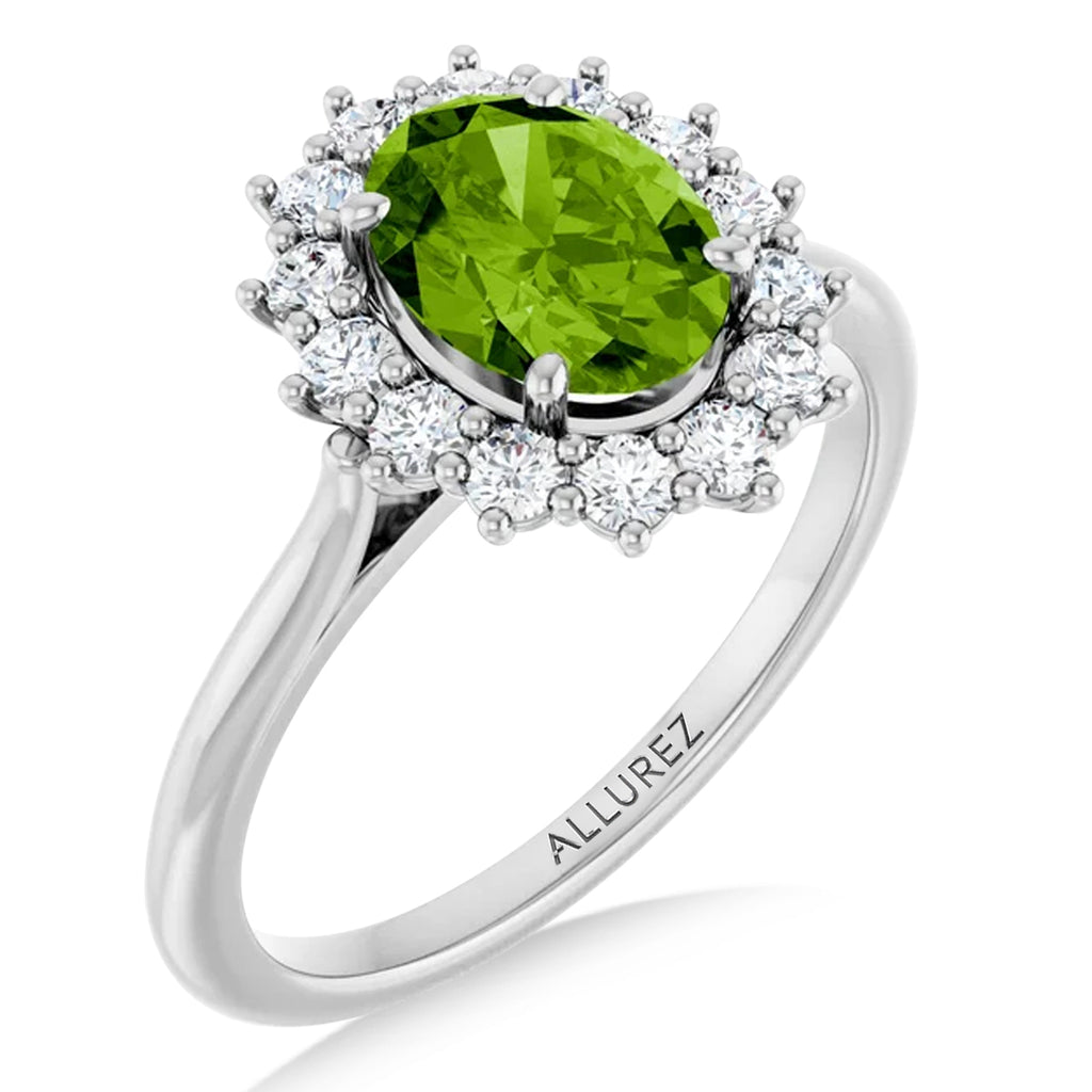 Oval Peridot & Diamond Halo Ring 14K White Gold (1.83ct)