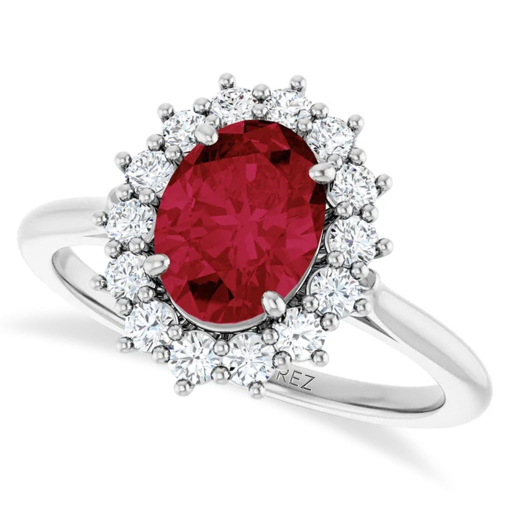 Oval Lab Grown Ruby & Diamond Halo Ring 14K White Gold (2.16ct)