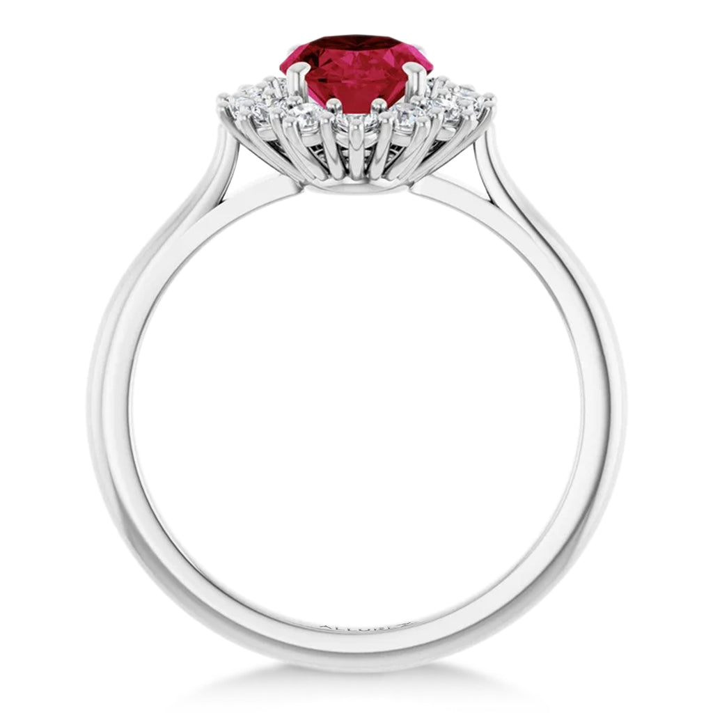 Oval Lab Grown Ruby & Diamond Halo Ring 14K White Gold (2.16ct)