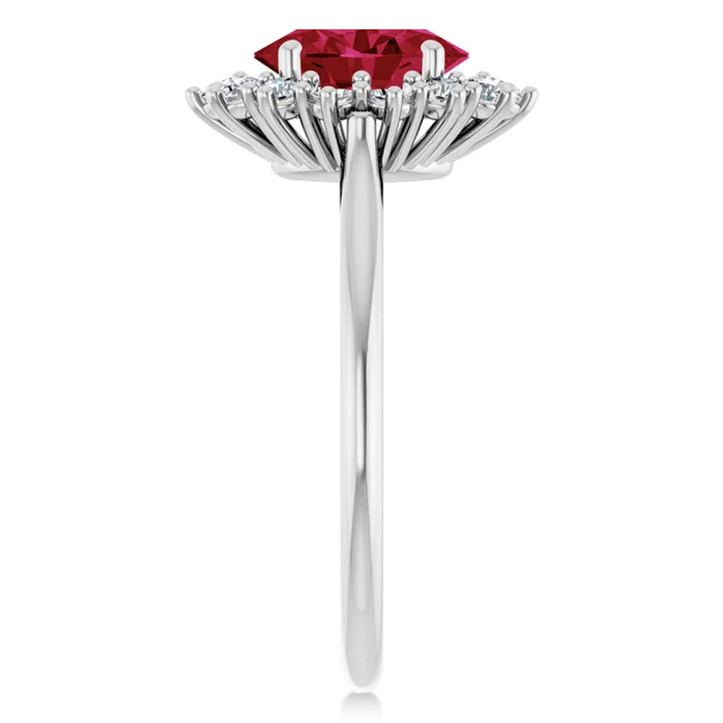 Oval Lab Grown Ruby & Diamond Halo Ring 14K White Gold (2.16ct)