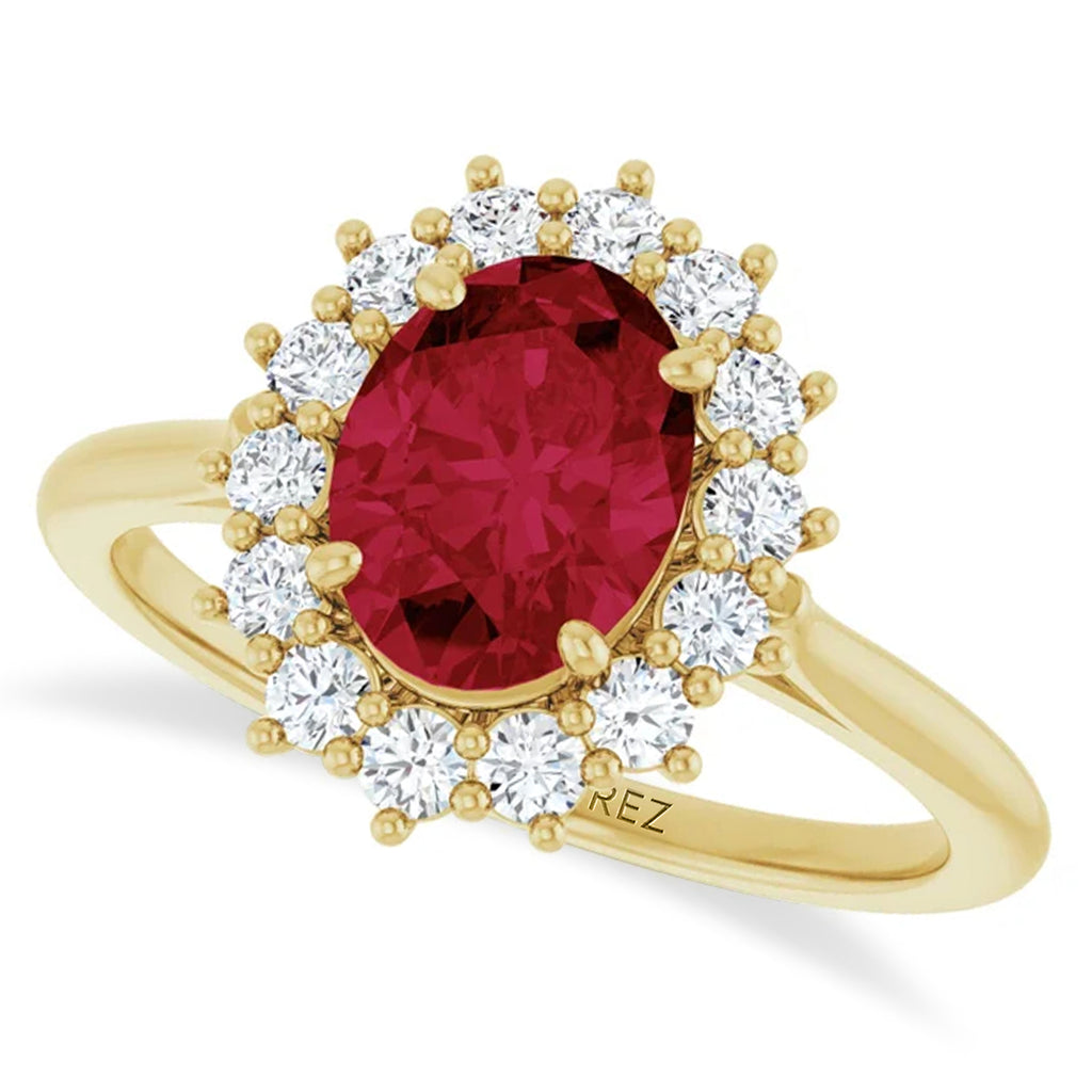 Oval Lab  Ruby & Diamond Halo Ring 14K Yellow Gold (2.16ct)