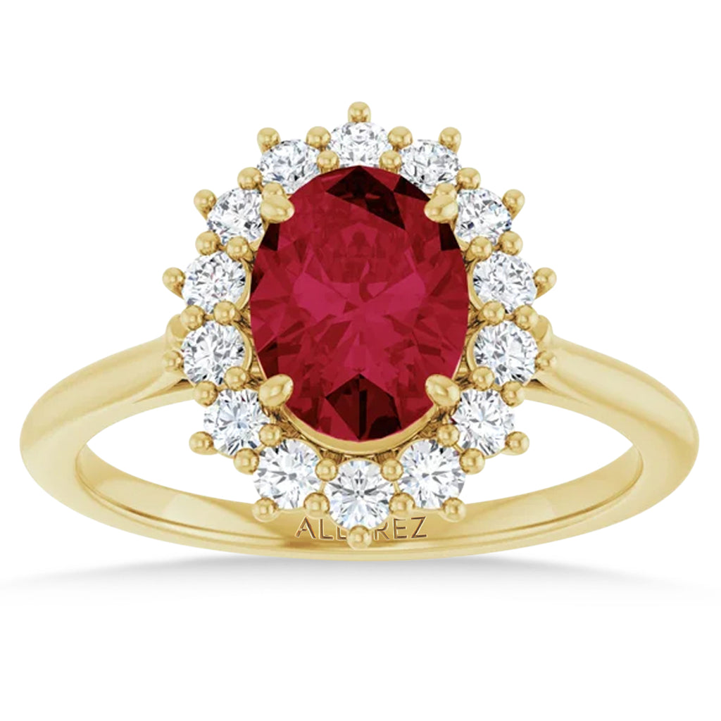 Oval Lab  Ruby & Diamond Halo Ring 14K Yellow Gold (2.16ct)