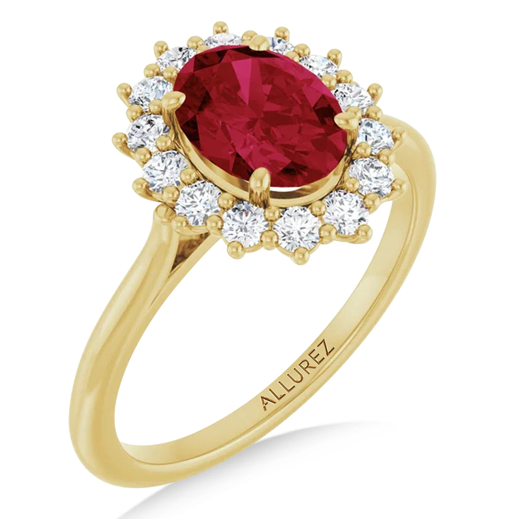 Oval Lab  Ruby & Diamond Halo Ring 14K Yellow Gold (2.16ct)