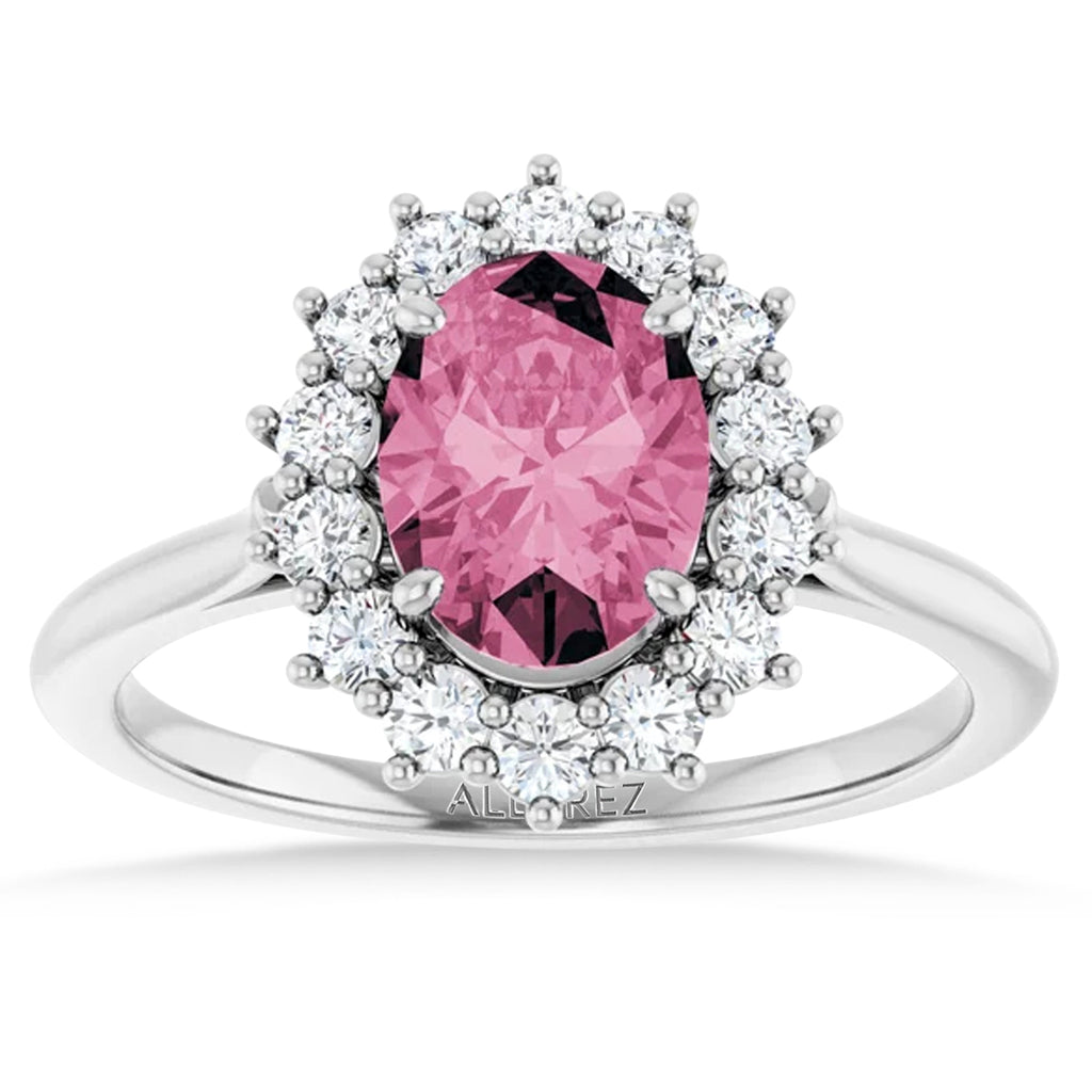 Oval Pink Tourmaline & Diamond Halo Ring 14K White Gold (1.72ct)
