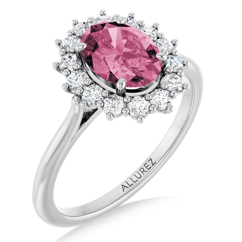 Oval Pink Tourmaline & Diamond Halo Ring 14K White Gold (1.72ct)