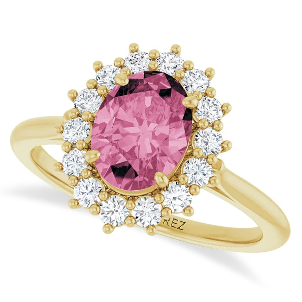 Oval Pink Tourmaline & Diamond Halo Ring 14K Yellow Gold (1.72ct)