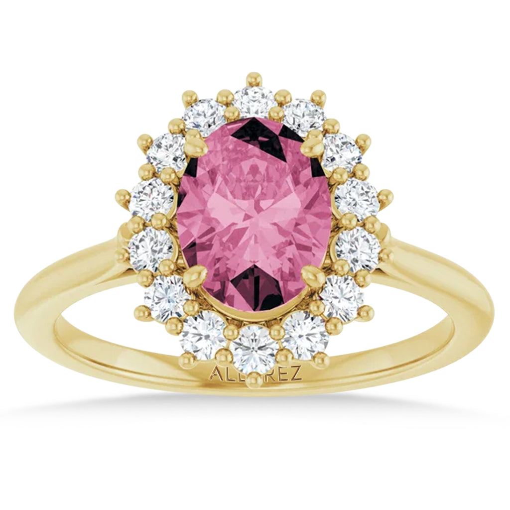 Oval Pink Tourmaline & Diamond Halo Ring 14K Yellow Gold (1.72ct)