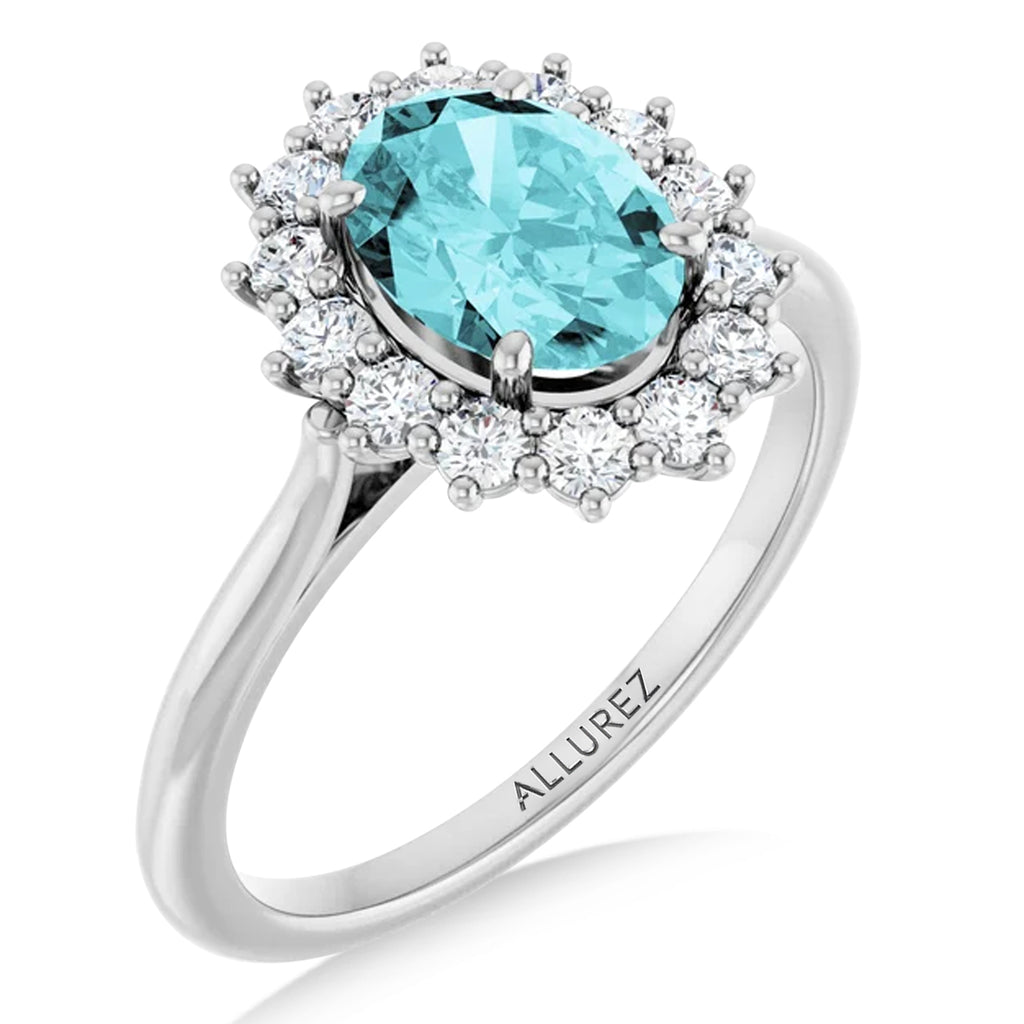 Oval Blue Zircon & Diamond Halo Ring 14K White Gold (2.60ct)