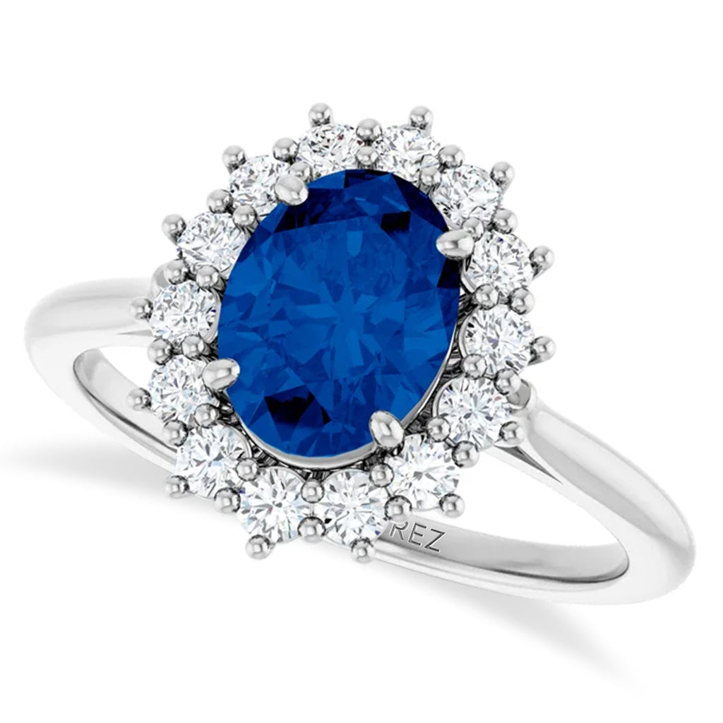 Oval Lab  Blue Sapphire & Diamond Halo Ring 14K White Gold (2.16ct)