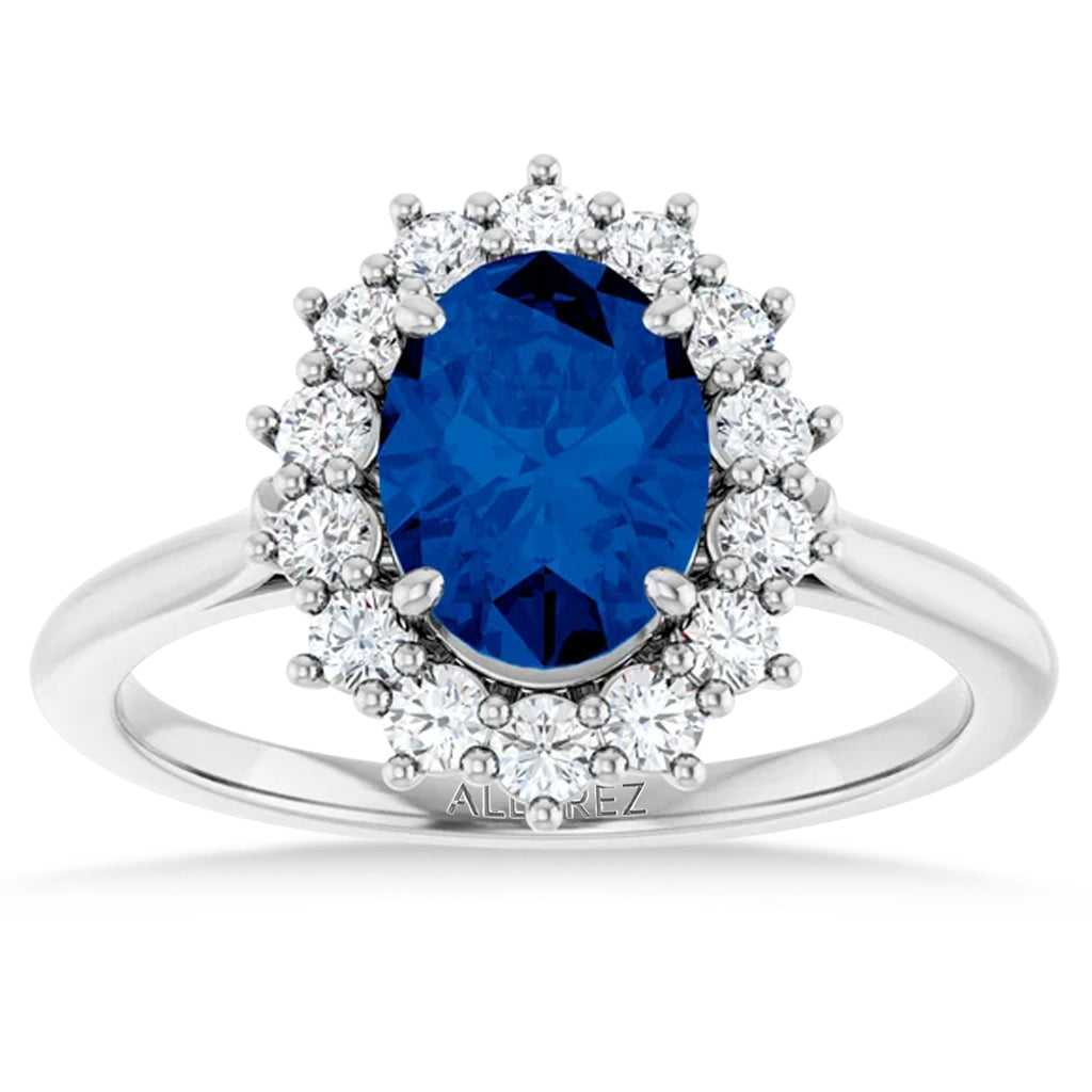 Oval Lab  Blue Sapphire & Diamond Halo Ring 14K White Gold (2.16ct)