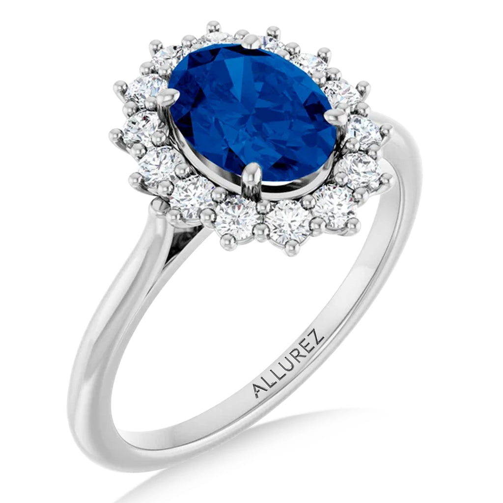 Oval Lab  Blue Sapphire & Diamond Halo Ring 14K White Gold (2.16ct)