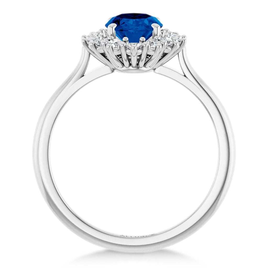 Oval Lab  Blue Sapphire & Diamond Halo Ring 14K White Gold (2.16ct)