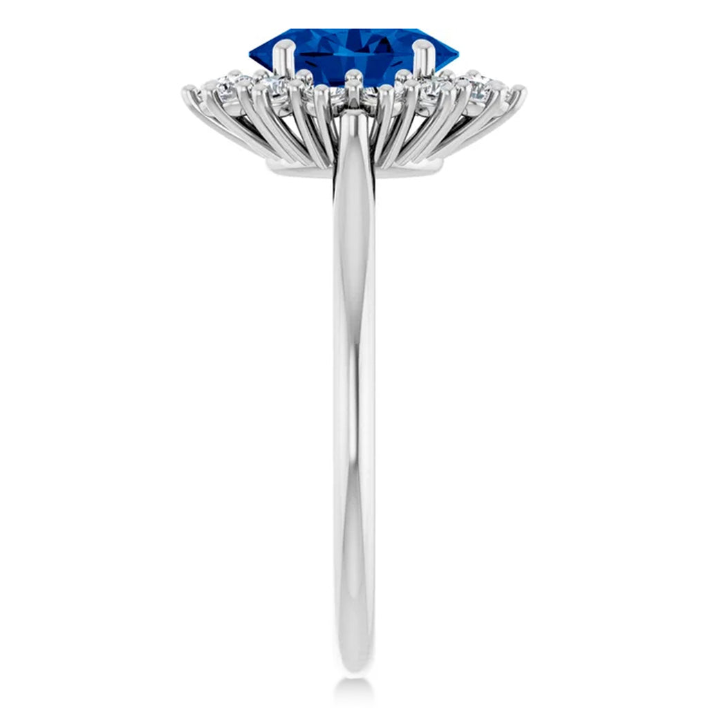 Oval Lab  Blue Sapphire & Diamond Halo Ring 14K White Gold (2.16ct)